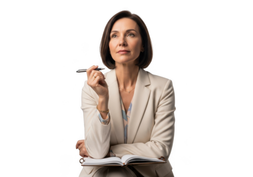 Professional woman thinking with pen and notebook, businesswoman planning strategy, isolated portrait on transparent background