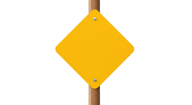 Isolated blank yellow diamond warning sign on wooden pole for message with space for text
