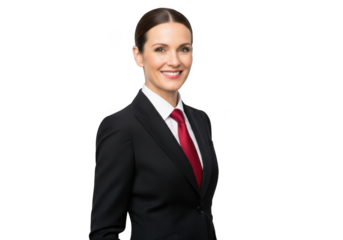 Professional businesswoman smiling portrait in suit and red tie stock photo, corporate headshot, isolated on transparent background