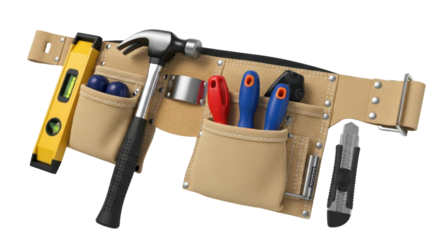 Isolated beige tool belt with different tools on white, DIY tools for construction worker