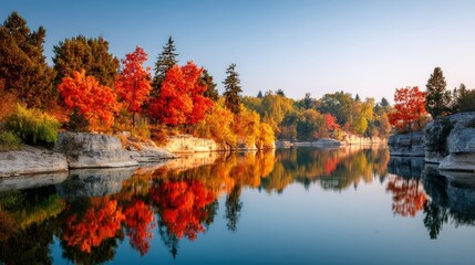 Serene autumn landscape showcases vibrant red and orange foliage on the shoreline, beautifully reflected in the calm, still water of the lake beneath a clear, cloudless sky, creating a tranquil and...
