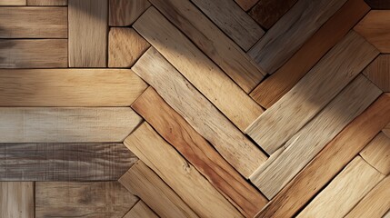Herringbone parquet with mixed natural wood tones and textures