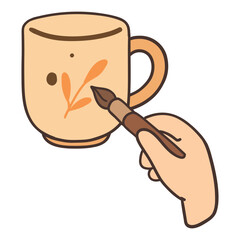 Cute kawaii doodle vector illustration of a hand painting a ceramic clay cup with a brush. Cozy handmade pottery decoration in pastel cartoon style, creative craft and DIY.
