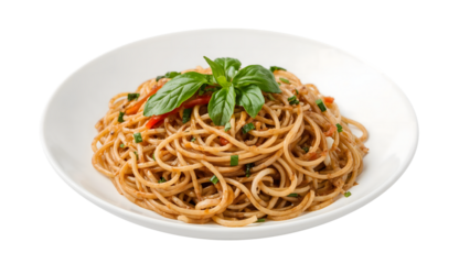 Spaghetti pasta with fresh basil leaves and vegetables on white plate isolated on the transparent background, italian cuisine, vegan food, trendy minimalism