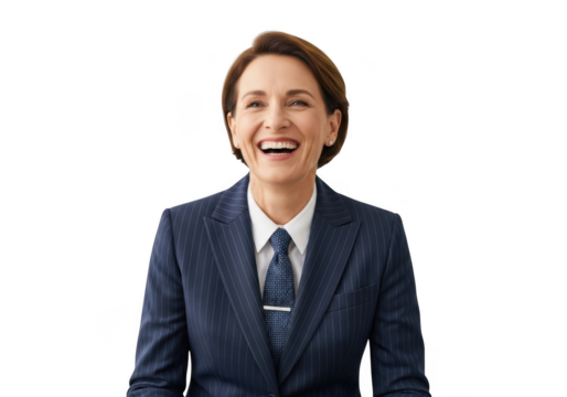 Smiling businesswoman in pinstripe suit laughing portrait png image for professional use and design resources isolated on transparent background