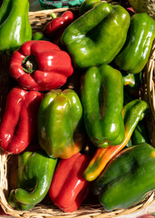 Red and green peppers in the market