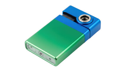 Isolated metallic lighter in blue and green shades of color, smoking accessory, lighter