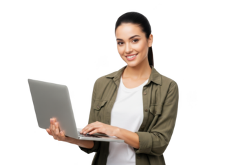 Smiling brunette woman using laptop computer, working online, remote work, education, isolated on transparent background