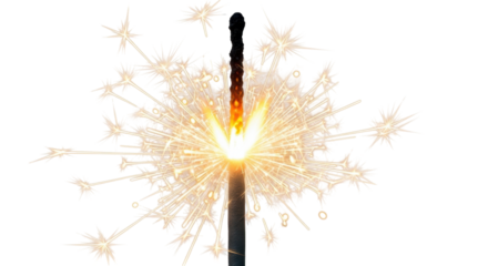 Isolated sparkler lit with gold sparks against the night, holiday fireworks celebration