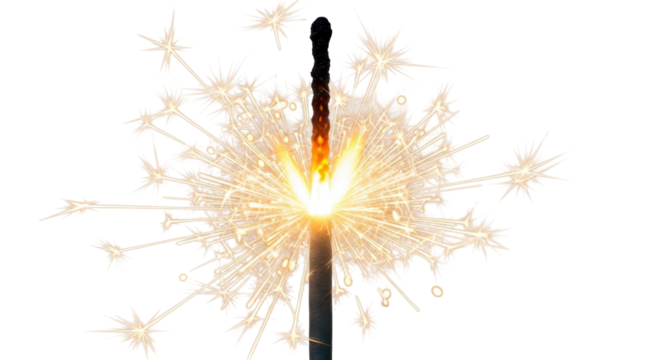 Isolated sparkler lit with gold sparks against the night, holiday fireworks celebration