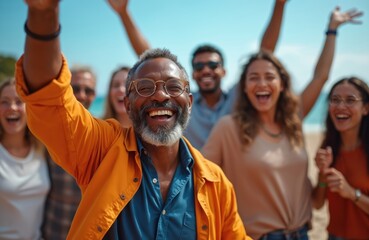 Diverse group of friends laugh joyfully on beach vacation, celebrating life. Mature man in orange shirt leads cheers with raised hand, sky blue background. People share happy moments.