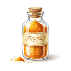 A glass jar of turmeric on white background