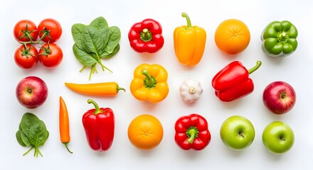 Fresh Vegetables and Fruits Flat Lay on White Background