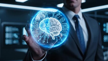 Businessman Presenting AI and Human Brain Hologram - A businessman holds a glowing holographic sphere depicting a human brain and AI icon. - Powered by Adobe