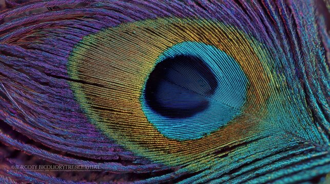 Macro of vibrant peacock feather with detailed eye pattern