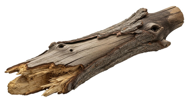 Isolated weathered dry branch of tree on a plain surface, broken section, decaying wood