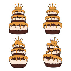 Set of color illustrations cake and golden crown. Isolated vector objects on white background.
