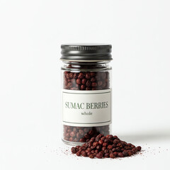 A glass jar of Sumac berries on white background