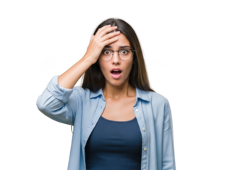 Shocked young woman with hand on head, wearing glasses and blue shirt, portrait photography isolated on transparent background
