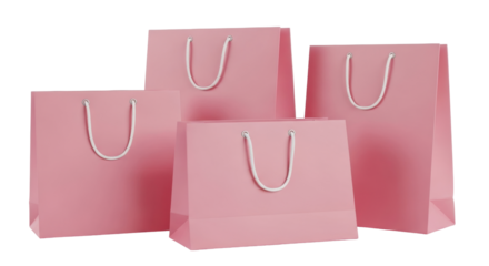 Isolated group of generic light pink shopping bags with handles, retail marketing concept