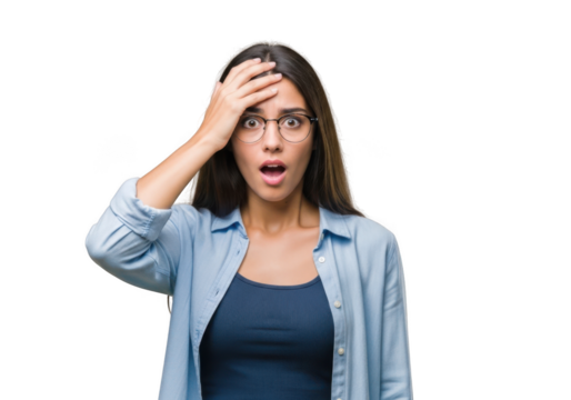 Shocked young woman with hand on head, wearing glasses and blue shirt, portrait photography isolated on transparent background