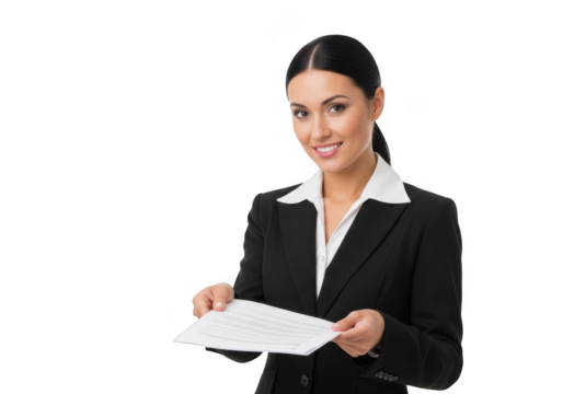 Professional businesswoman handing over documents, smiling, corporate presentation, isolated on transparent background
