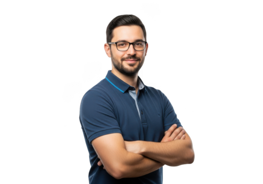 Professional confident businessman with glasses posing with arms crossed stock photo download isolated on transparent background - Powered by Adobe