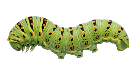 Isolated caterpillar of Papilio machaon with distinctive markings in front of no background