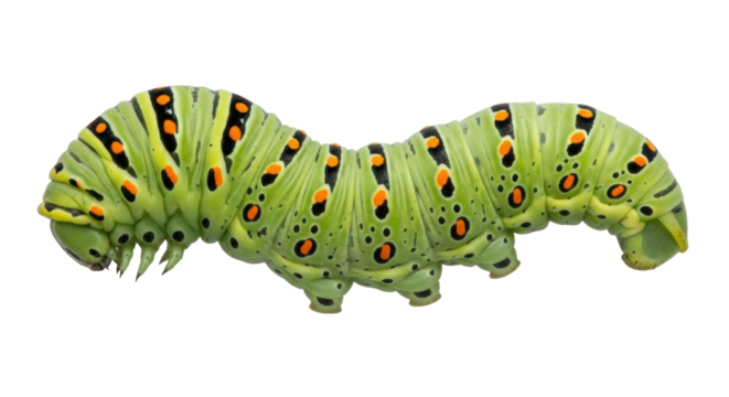 Isolated caterpillar of Papilio machaon with distinctive markings in front of no background