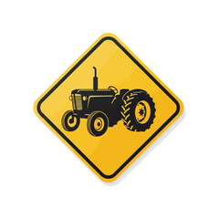 Tractor warning sign on yellow diamond shape, isolated