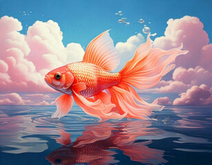 Elegant Goldfish Swimming in Tranquil Water with Dreamy Clouds and Sky a Serene Aquatic Fantasy
