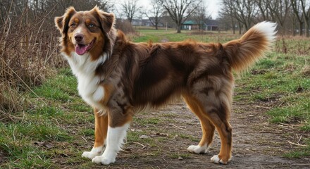 Majestic Australian Shepherd Posing Outdoors with Lush Greenery and Serene Countryside Backdrop