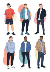 Obraz premium A diverse group of men showcasing modern casual street style fashion.