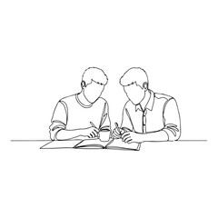 Two people studying together, writing notes in open books
