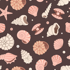 Seamless pattern with shells and mollusks. Flat vector illustration.