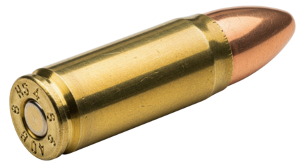 Isolated .40 S&W bullet, handgun ammunition, self-defense, handgun projectile in golden case