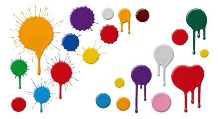 Isolated paint splatters in many colors dripping on a surface, colorful abstract graphic