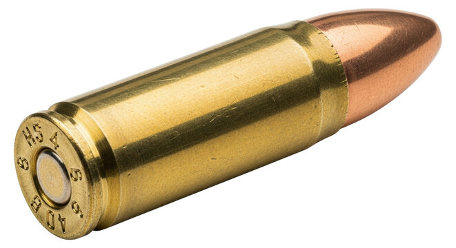 Isolated .40 S&W bullet, handgun ammunition, self-defense, handgun projectile in golden case