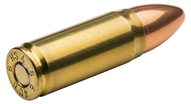 Isolated .40 S&W bullet, handgun ammunition, self-defense, handgun projectile in golden case