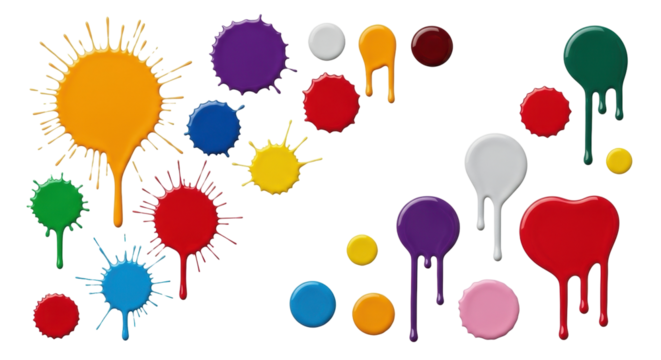 Isolated paint splatters in many colors dripping on a surface, colorful abstract graphic