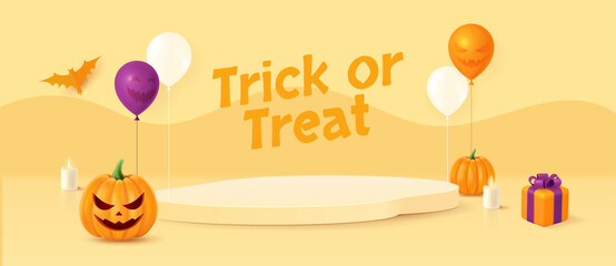 Halloween background with 3d podium, Jack O Lantern pumpkin, balloons and 3d gift box. Greeting card for party and sale.