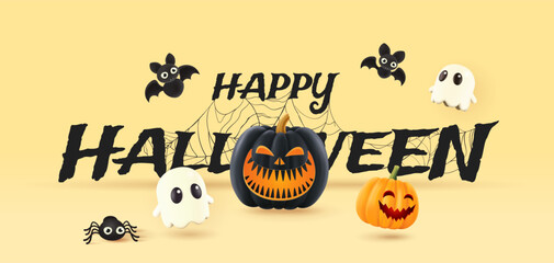 Halloween background with 3d ghost, Jack O Lantern pumpkin, bats. Greeting card for party and sale.