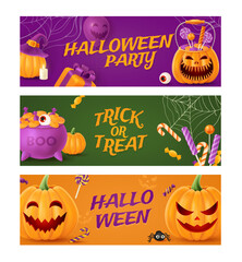 Halloween banner template set with Jack O Lantern pumpkins, spider 3d gift box and sweets. Greeting card for party and sale.