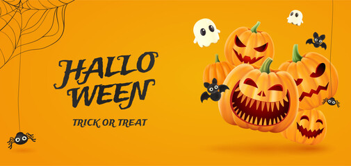 Halloween background with 3d ghost, Jack O Lantern pumpkin, bats, spiders. Greeting card for party and sale.