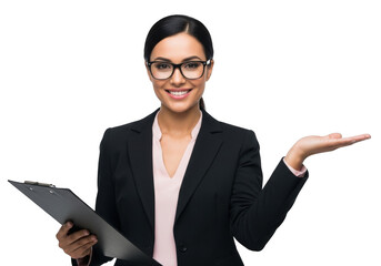 Smiling businesswoman in suit holding clipboard and presenting with open palm, professional woman isolated on transparent background