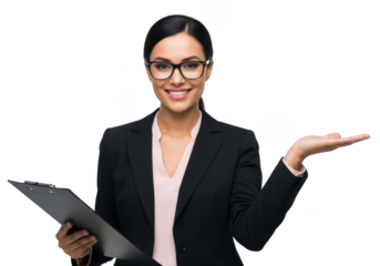 Smiling businesswoman in suit holding clipboard and presenting with open palm, professional woman isolated on transparent background