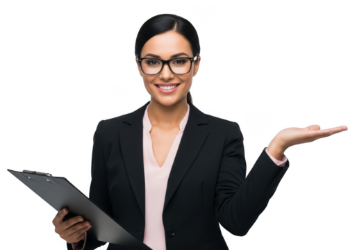 Smiling businesswoman in suit holding clipboard and presenting with open palm, professional woman isolated on transparent background