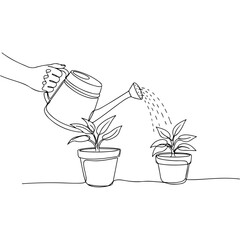 Hand watering potted plants with watering can, line art illustration © Pemburu