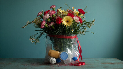 Floral arrangement in a plastic bag filled with discarded bottles commenting on environmental pollution and waste management and sustainability