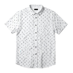A stylish white short-sleeved shirt with a delicate scattered floral pattern is displayed on a black background.